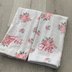 Pottery Barn “Love Shack Fancy” embroidered Feit rose 2 hand towels white pink